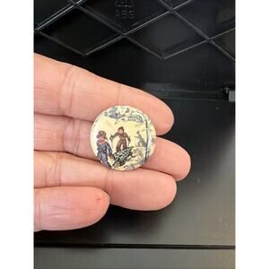 Vintage Round Lapel Pin Kids Bringing Home a Christmas Tree in the Snow
